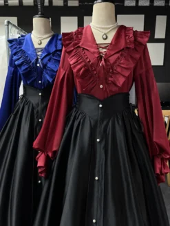 Chemisiers gothiques Lolita Chemisier à volants à manches longues Haut Lolita Chemise Lolita noire