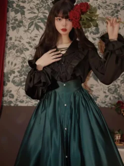 Chemisiers gothiques Lolita Chemisier à volants à manches longues Haut Lolita Chemise Lolita noire
