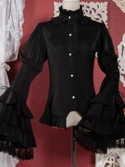 Chemisiers gothiques Lolita Haut Lolita blanc Manches longues Volants Dentelle Lolita Chemise