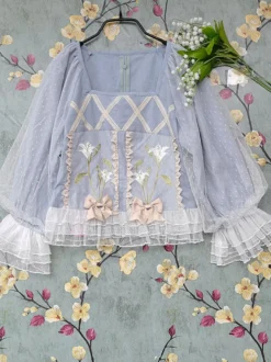Chemisiers Lolita classiques Infanta Bows Lace Long Sleeves Lolita Top Top Floral Print Blue Grey Lolita Shirt