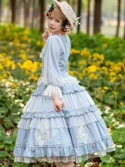 Chemisiers Lolita classiques Infanta Bows Lace Long Sleeves Lolita Top Top Floral Print Blue Grey Lolita Shirt