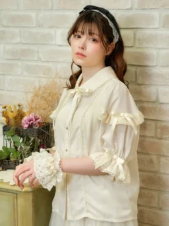 Chemisiers Lolita doux Haut Lolita Nœuds Volants Chemisier à manches mi-longues Chemise Lolita blanche