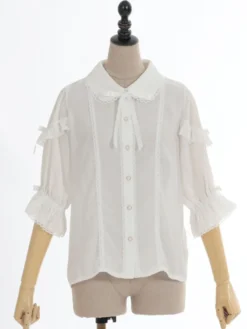 Chemisiers Lolita doux Haut Lolita Nœuds Volants Chemisier à manches mi-longues Chemise Lolita blanche