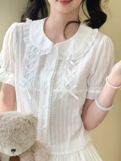Chemisiers Lolita doux Haut Lolita Écru Blanc Manches courtes Nœuds Volants Chemise Lolita