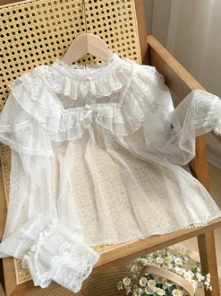 Chemisiers Lolita doux noirs à manches longues et volants haut Lolita à pois