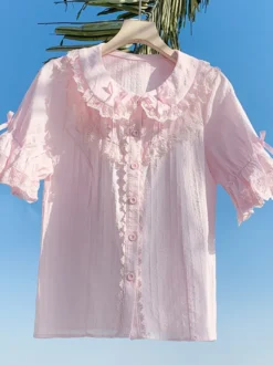 Chemisiers Lolita doux nœuds en dentelle haut Lolita à manches courtes chemise Lolita noire en dentelle