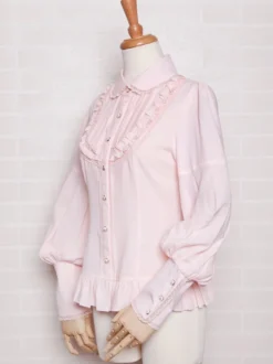 Chemisiers Lolita doux Volants Dentelle Manches longues Haut Lolita rose Chemise Lolita