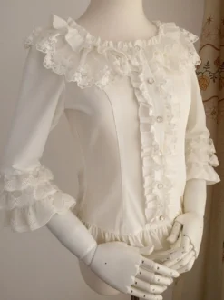 Chemisiers Lolita doux volants chemisier manches mi-longues haut Lolita chemise Lolita blanc écru