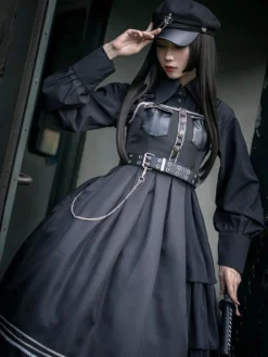 Chemisiers Lolita noirs Col roulé en polyester Haut à manches longues Chemise classique Lolita
