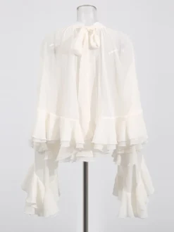 Chemisier victorien à volants pour femme - Top transparent Fairycore à col montant et manches évasées étagées - Idéal pour une soirée romantique printanière 2026