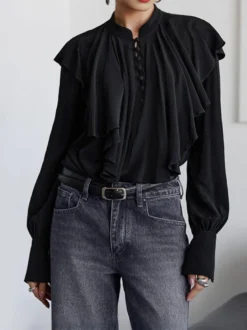Chemisier vintage à volants pour femme - Haut victorien élégant noir à manches longues et boutons - Idéal pour le printemps et le soir (2026)