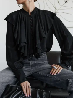 Chemisier vintage à volants pour femme - Haut victorien élégant noir à manches longues et boutons - Idéal pour le printemps et le soir (2026)