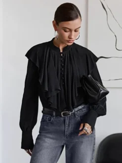 Chemisier vintage à volants pour femme - Haut victorien élégant noir à manches longues et boutons - Idéal pour le printemps et le soir (2026)