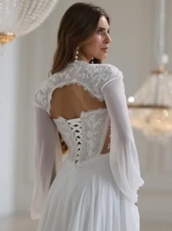 Châle de mariée ivoire à manches longues épaules dénudées manches lanternes dentelle robe de mariée en dentelle