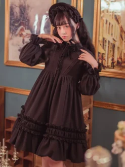 Classique Lolita Une Pièce Robe Couleur Unie à Manches Longues Vintage Déguisements Halloween