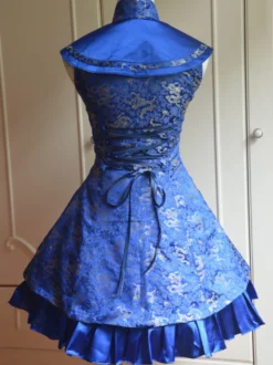 Classique Satin Bleu Qi Robe Lolita jacquard attirante avec lacets douse Déguisements Halloween