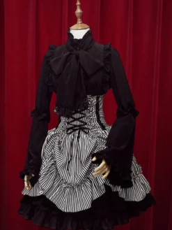 Classique taille haute Jupe Lolita noire élégante luxueuse excellente en coton avec rayure et noeuds Déguisements