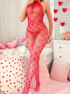 Collants body rouge à strass motif cœur rouge lingerie intégrale en résille à col halter idéale pour la Saint-Valentin