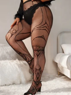 Collants résille jacquard à motif floral vintage pour femmes avec dentelle à la taille et entrejambe ouverte