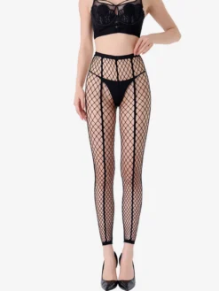 Collants résille à rayures verticales taille haute transparents avec jarretières pour femmes