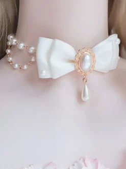 Collier Lolita Blanc Faux Perles Nœuds Doux Accessoires Lolita
