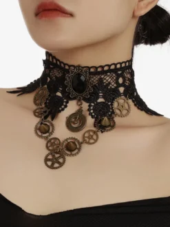 Collier Ras Du Cou En Dentelle Gothique Rétro Steampunk Détails En Métal Noir Vintage