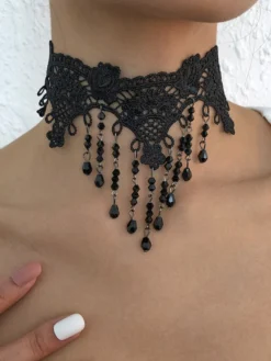 Collier Ras Du Cou En Dentelle Gothique Avec Pompon En Cristal Dentelle Femme Sexy