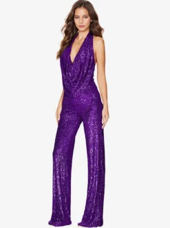 Combinaison Champagne Sans Manches Paillettes Dos Nu Droite Été Une Pièce Tenue