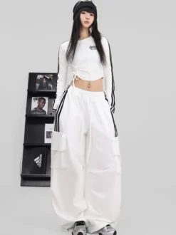 Combinaison de danse de rue pour femme tenue de jazz tendance blanche contrastée avec laçage pantalon hip-hop slim