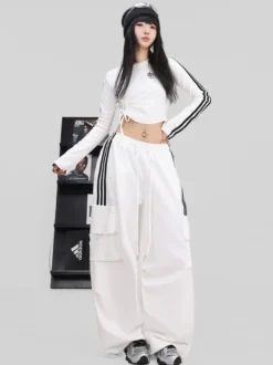 Combinaison de danse de rue pour femme tenue de jazz tendance blanche contrastée avec laçage pantalon hip-hop slim