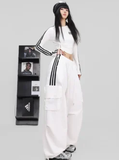 Combinaison de danse de rue pour femme tenue de jazz tendance blanche contrastée avec laçage pantalon hip-hop slim