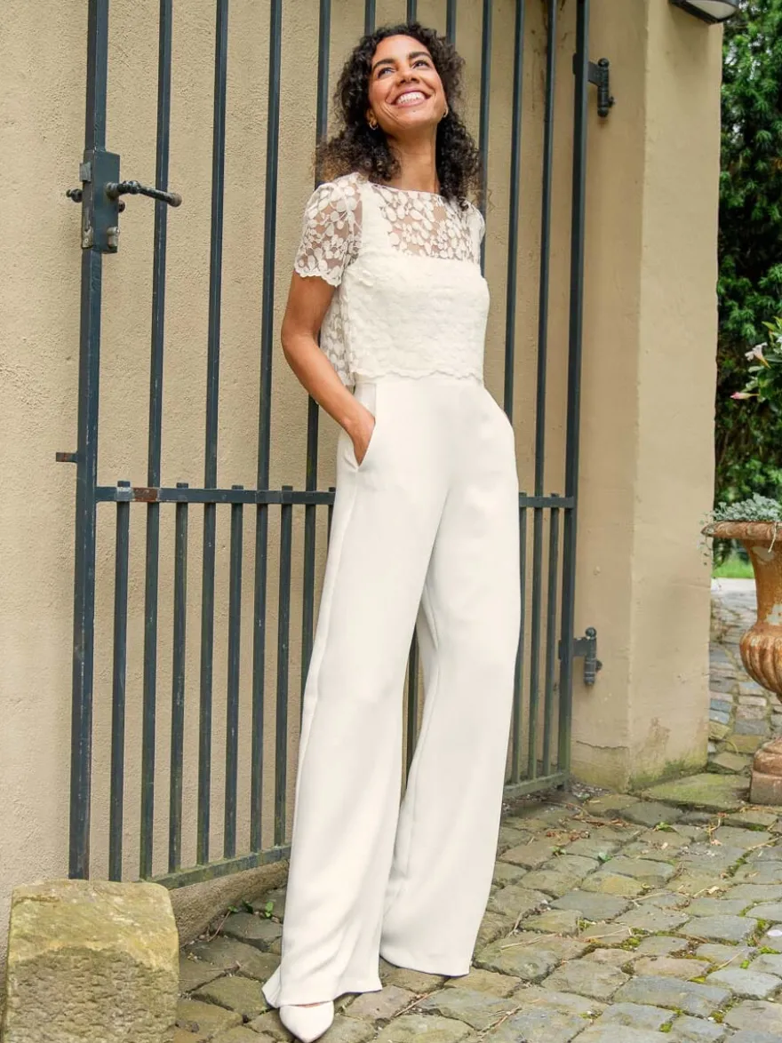 Combinaison de mariée en polyester et dentelle longueur au sol deux pièces décolleté illusion manches courtes taille naturelle blanc