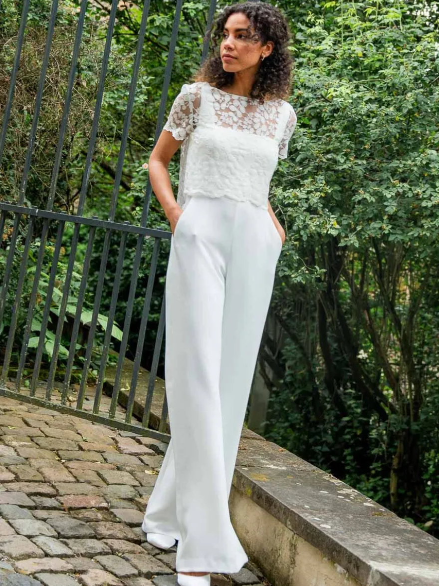 Combinaison de mariée en polyester et dentelle longueur au sol deux pièces décolleté illusion manches courtes taille naturelle blanc