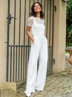 Combinaison de mariée en polyester et dentelle longueur au sol deux pièces décolleté illusion manches courtes taille naturelle blanc