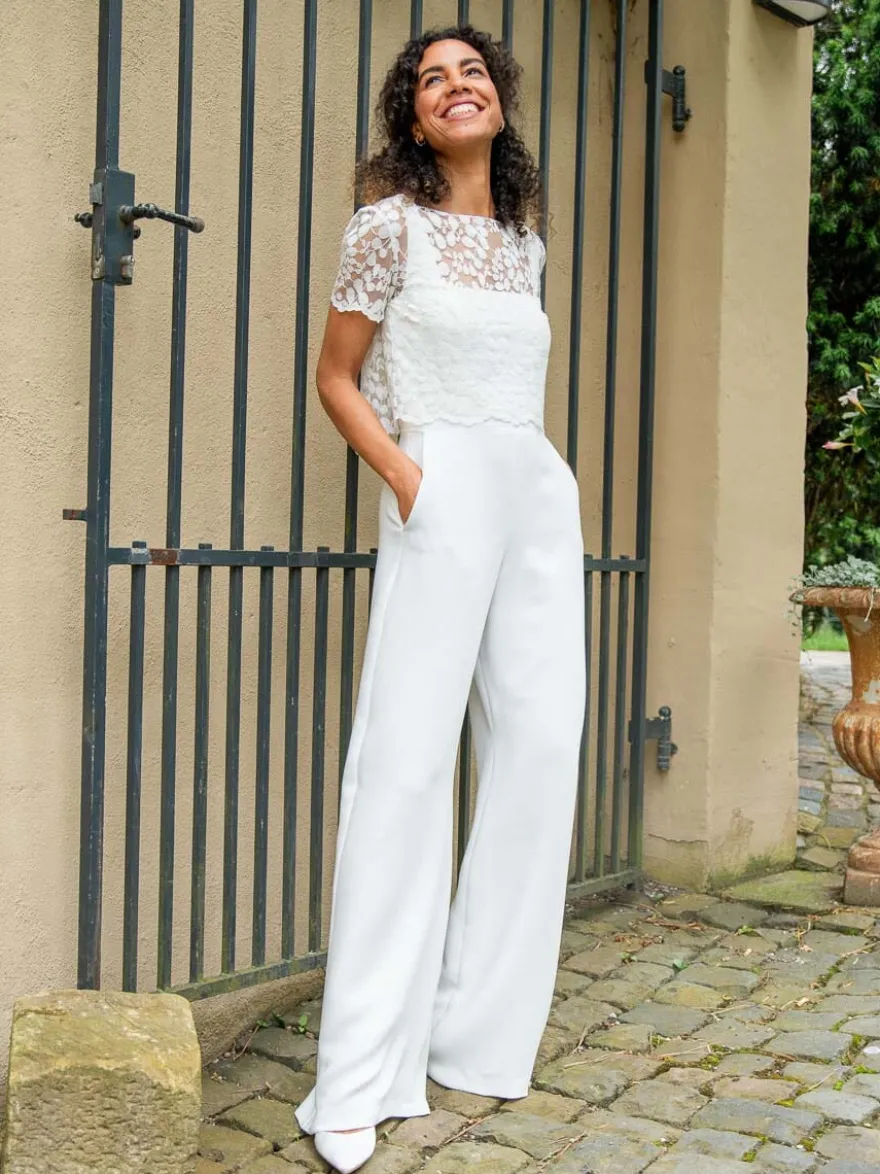 Combinaison de mariée en polyester et dentelle longueur au sol deux pièces décolleté illusion manches courtes taille naturelle blanc