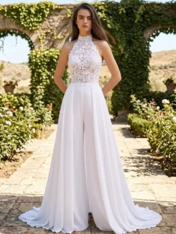 Combinaison de mariée 2 pièces col rond sans manches dos nu robe de mariage civile