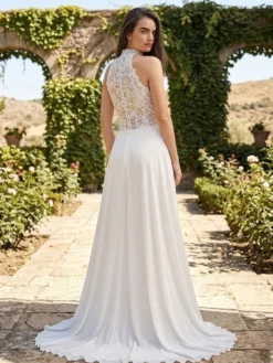 Combinaison de mariée 2 pièces col rond sans manches dos nu robe de mariage civile