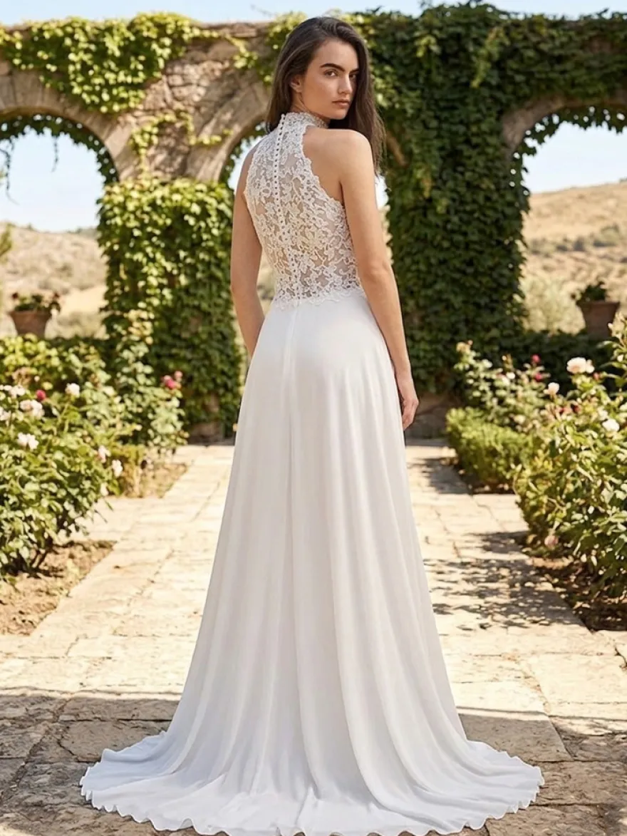 Combinaison de mariée 2 pièces col rond sans manches dos nu robe de mariage civile