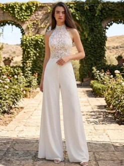 Combinaison de mariée 2 pièces col rond sans manches dos nu robe de mariage civile