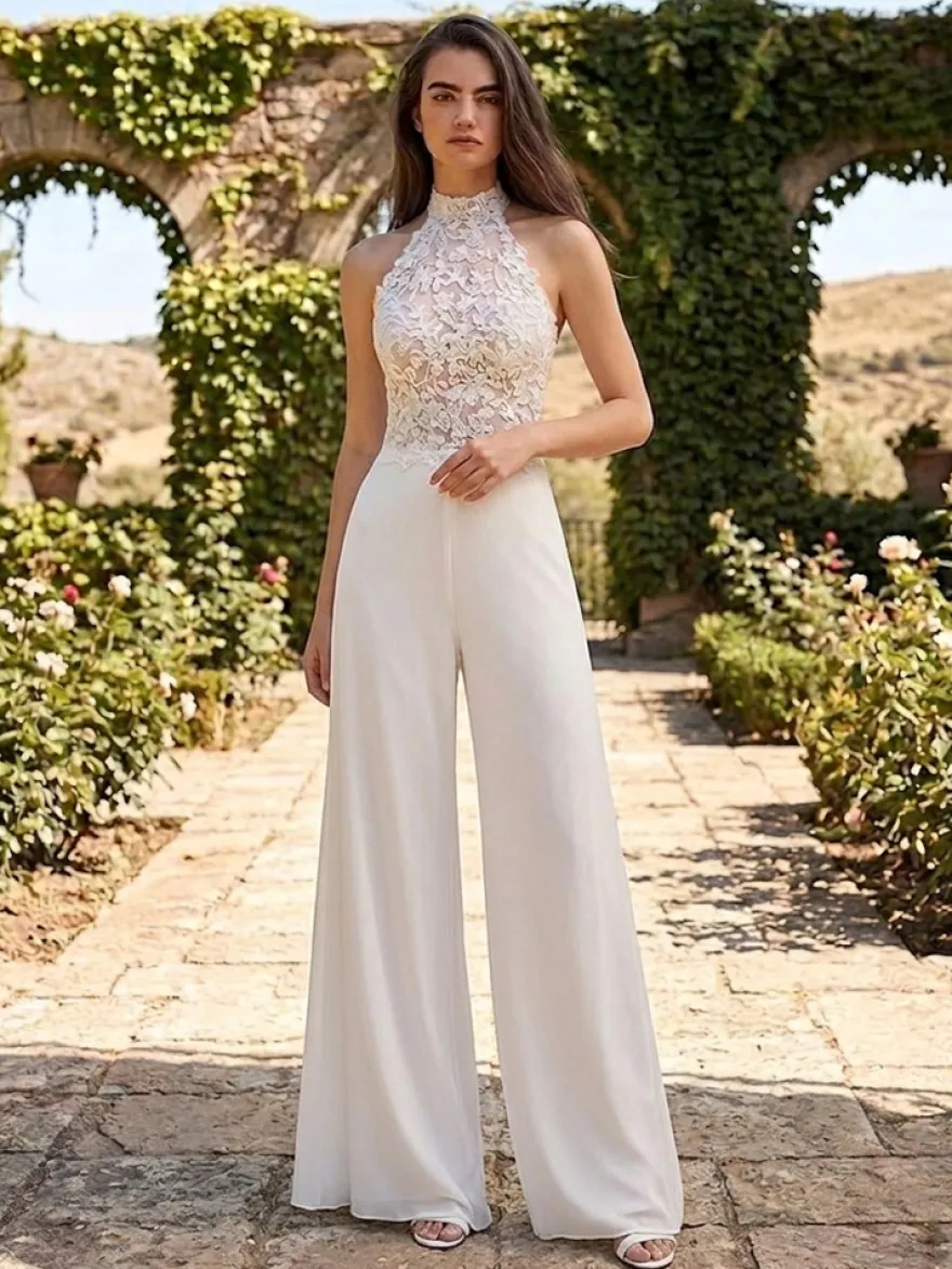 Combinaison de mariée 2 pièces col rond sans manches dos nu robe de mariage civile