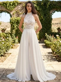 Combinaison de mariée 2 pièces col rond sans manches dos nu robe de mariage civile