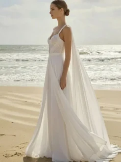 Combinaison de mariée 2 pièces en mousseline plissée avec traîne décolleté cœur sans manches taille naturelle couleur ivoire