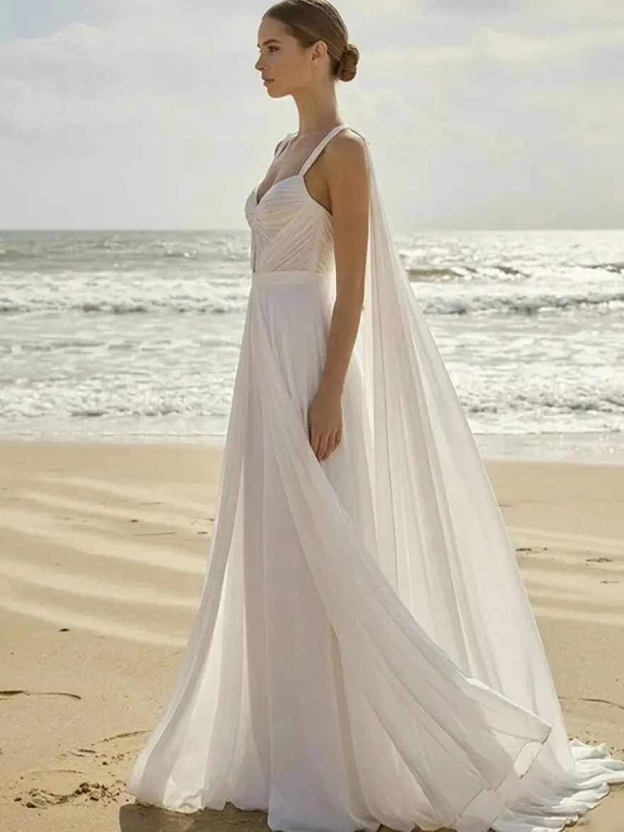 Combinaison de mariée 2 pièces en mousseline plissée avec traîne décolleté cœur sans manches taille naturelle couleur ivoire