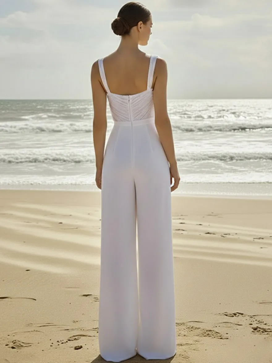 Combinaison de mariée 2 pièces en mousseline plissée avec traîne décolleté cœur sans manches taille naturelle couleur ivoire