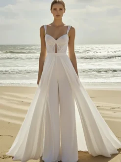 Combinaison de mariée 2 pièces en mousseline plissée avec traîne décolleté cœur sans manches taille naturelle couleur ivoire