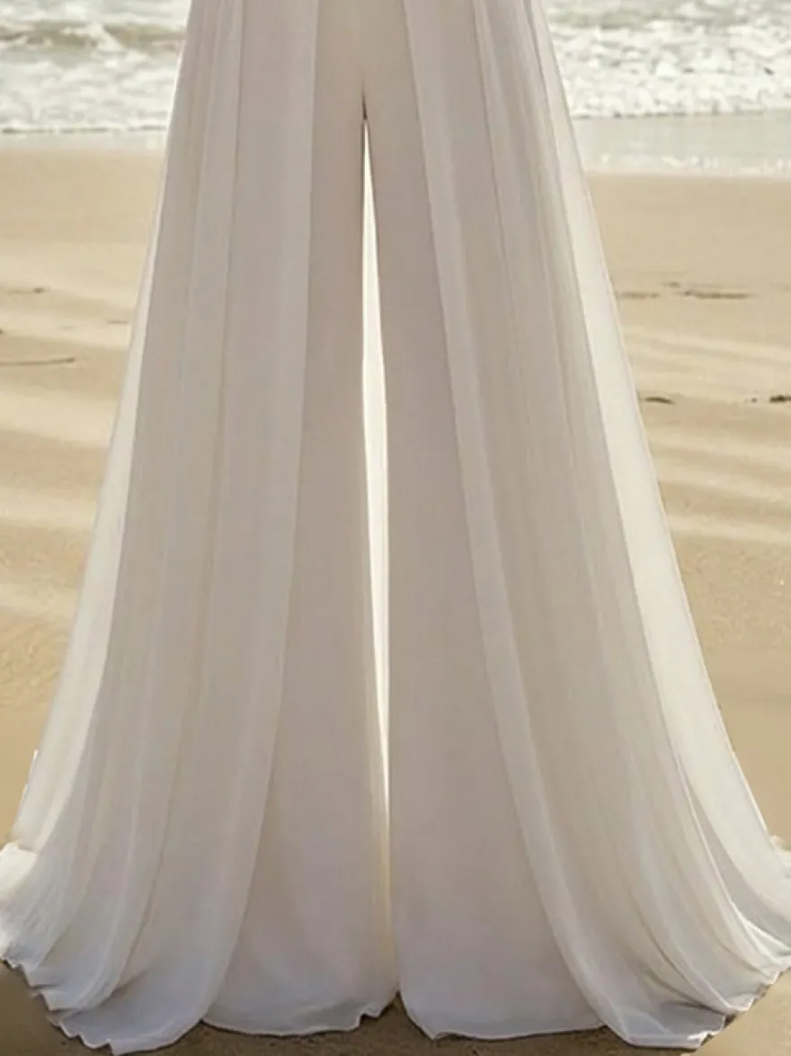 Combinaison de mariée 2 pièces en mousseline plissée avec traîne décolleté cœur sans manches taille naturelle couleur ivoire