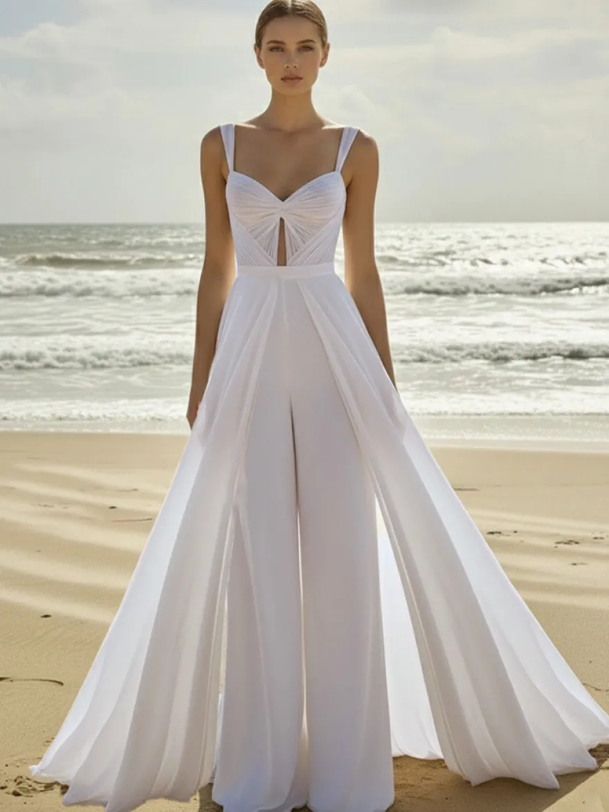 Combinaison de mariée 2 pièces en mousseline plissée avec traîne décolleté cœur sans manches taille naturelle couleur ivoire