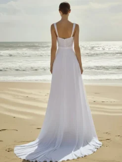 Combinaison de mariée 2 pièces en mousseline plissée avec traîne décolleté cœur sans manches taille naturelle couleur ivoire