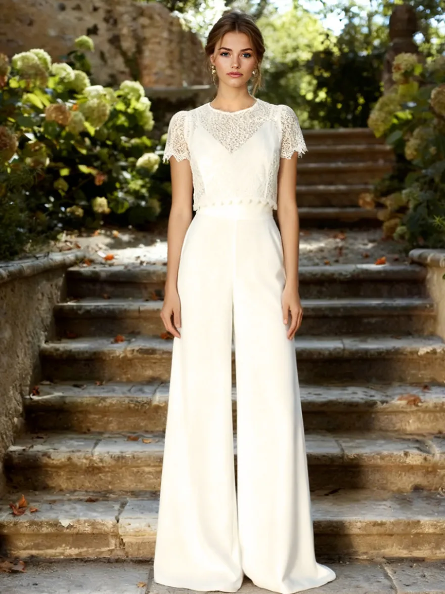 Combinaison de mariée 2 pièces robe de mariée en crêpe stretch et dentelle combinaison longue jusqu'au sol col en V manches courtes taille naturelle blanche