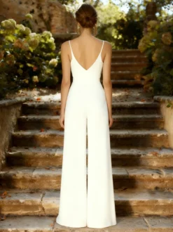 Combinaison de mariée 2 pièces robe de mariée en crêpe stretch et dentelle combinaison longue jusqu'au sol col en V manches courtes taille naturelle blanche